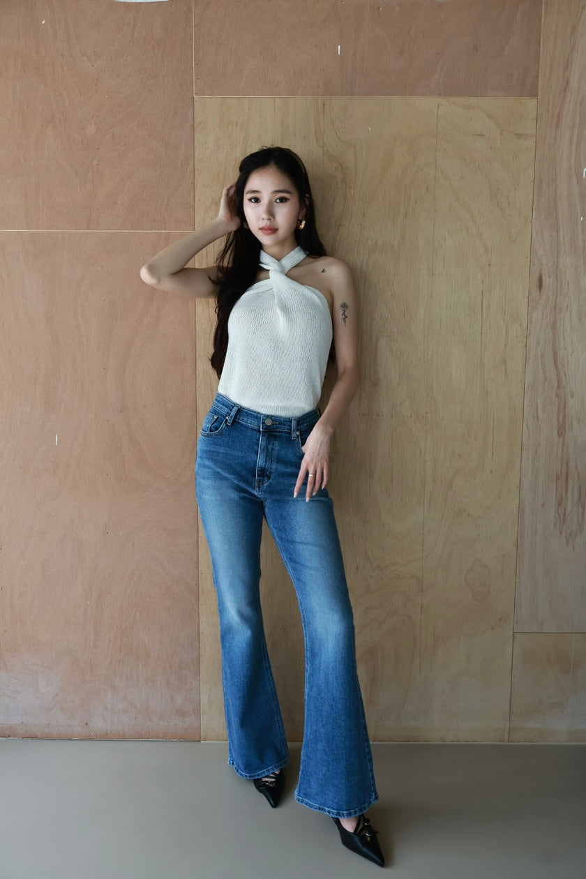 刷白微喇丹寧褲-藍