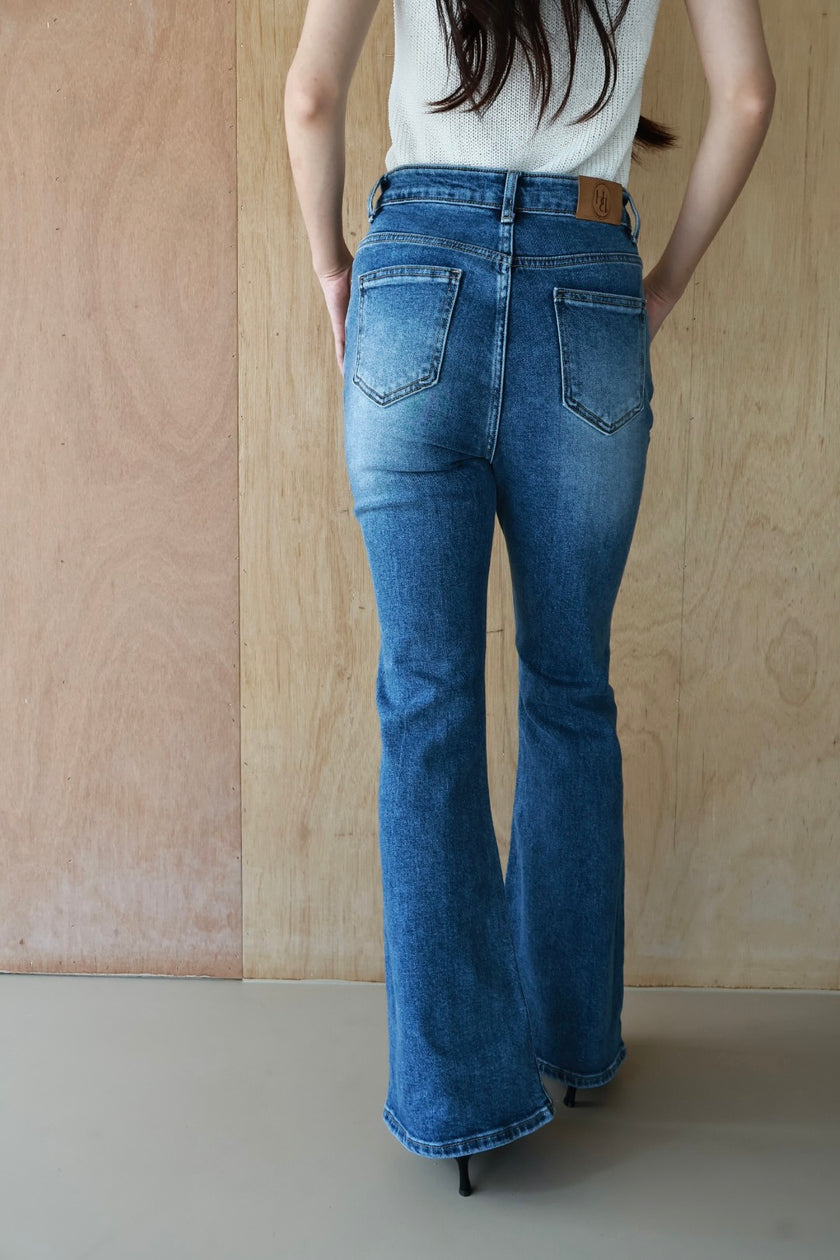 刷白微喇丹寧褲-藍