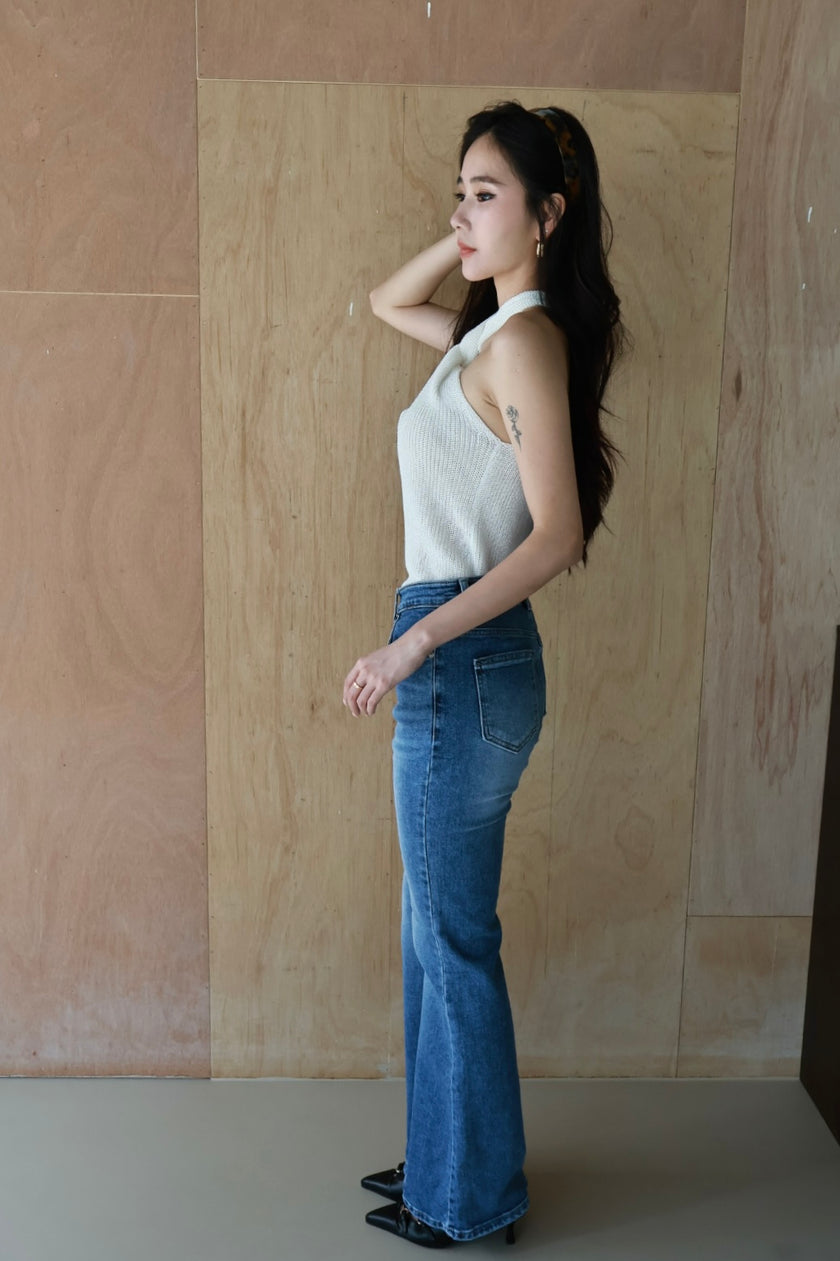 刷白微喇丹寧褲-藍