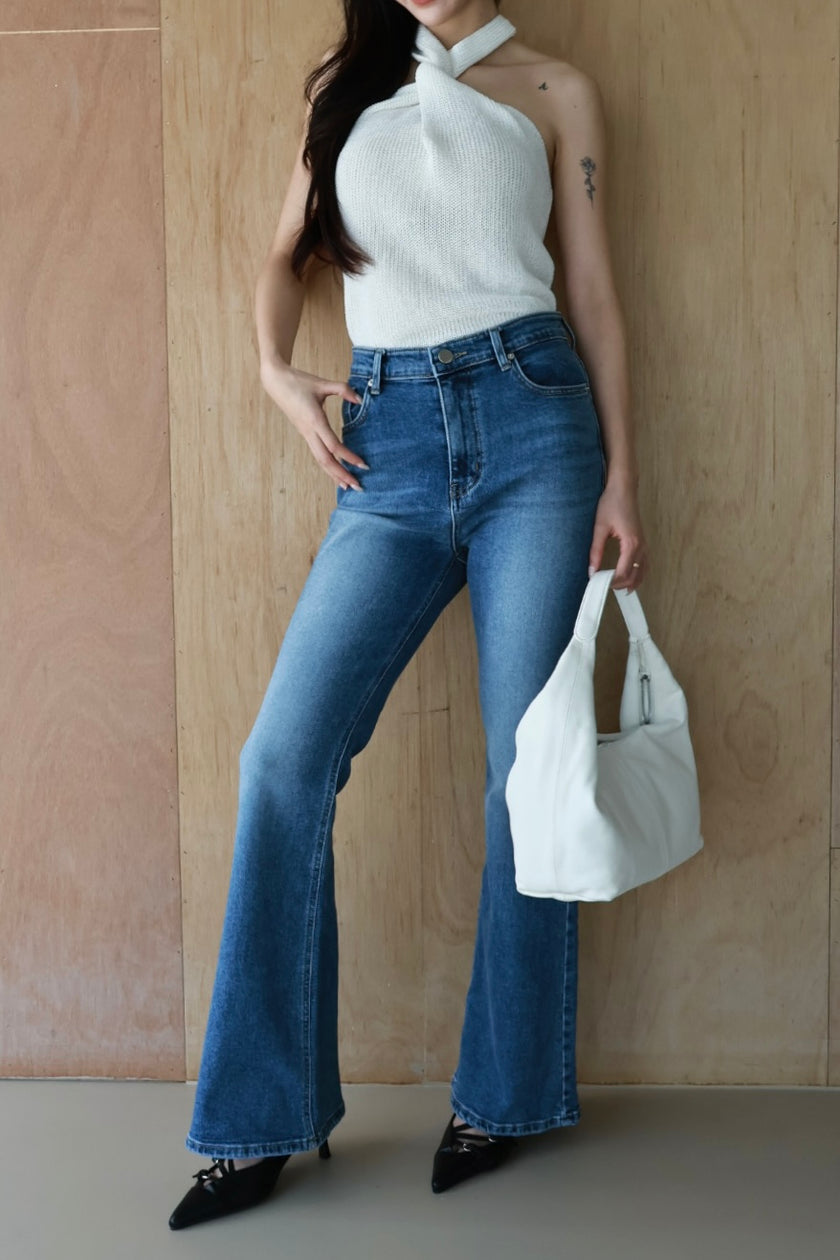 刷白微喇丹寧褲-藍