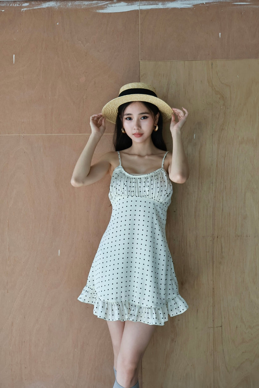 復古波點細肩帶洋裝-白