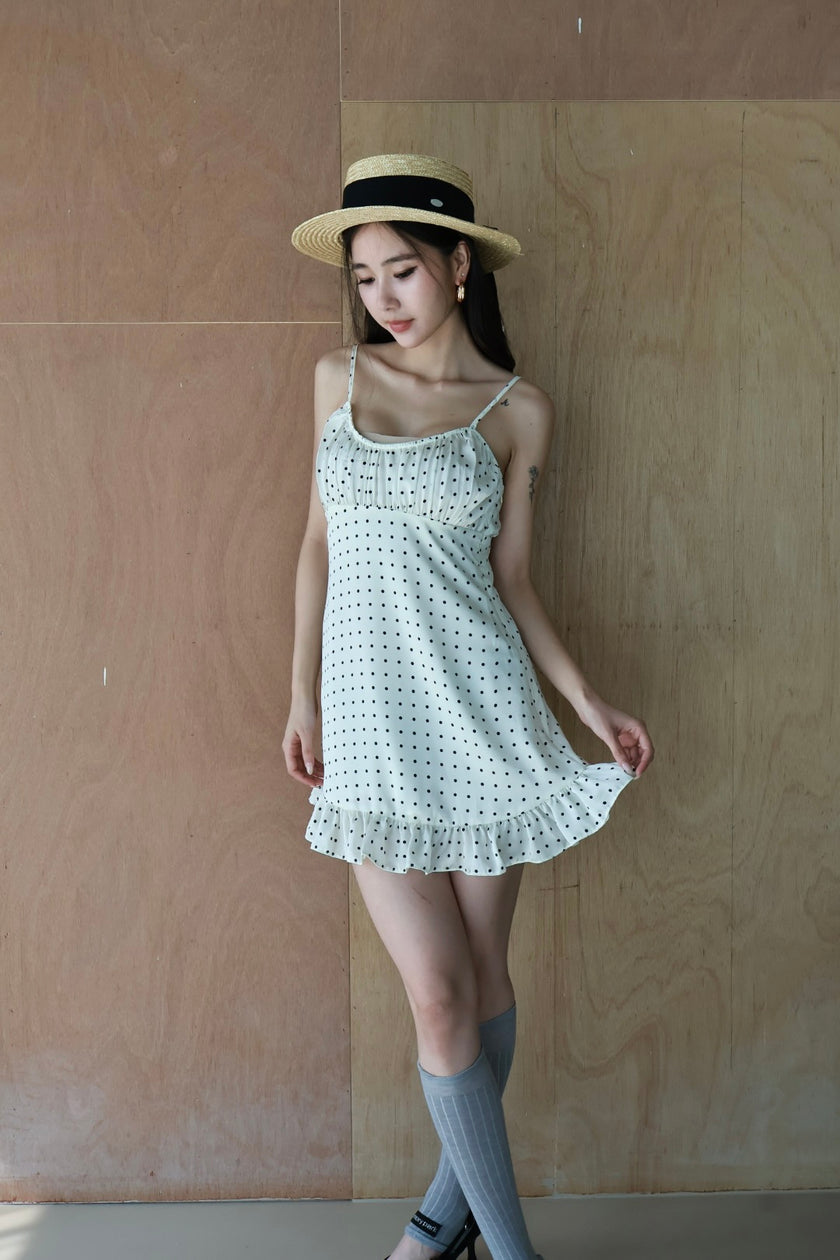 復古波點細肩帶洋裝-白
