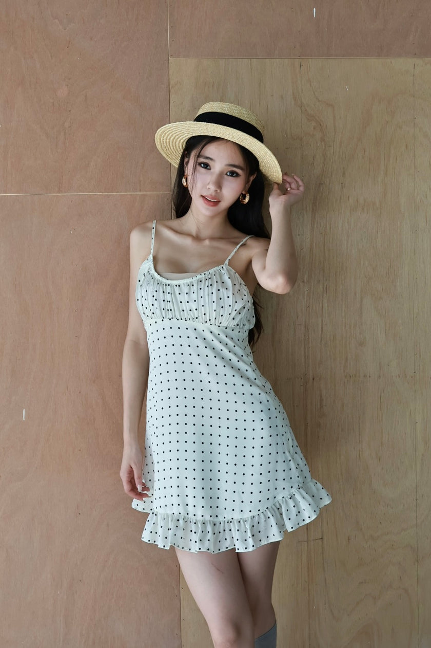 復古波點細肩帶洋裝-白