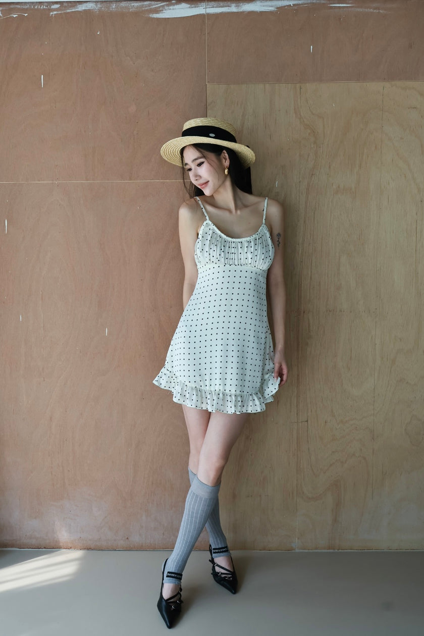 復古波點細肩帶洋裝-白