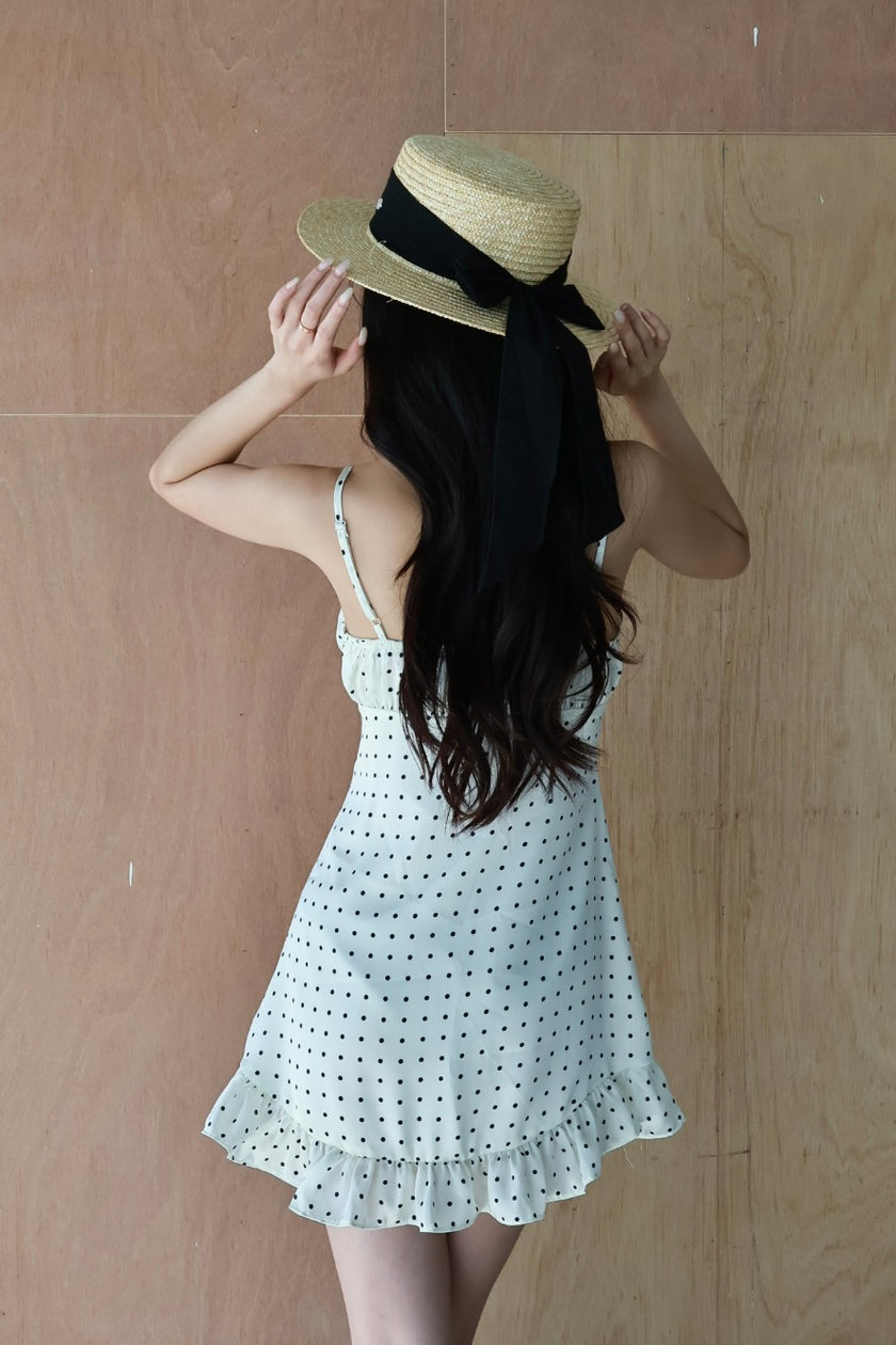 復古波點細肩帶洋裝-白