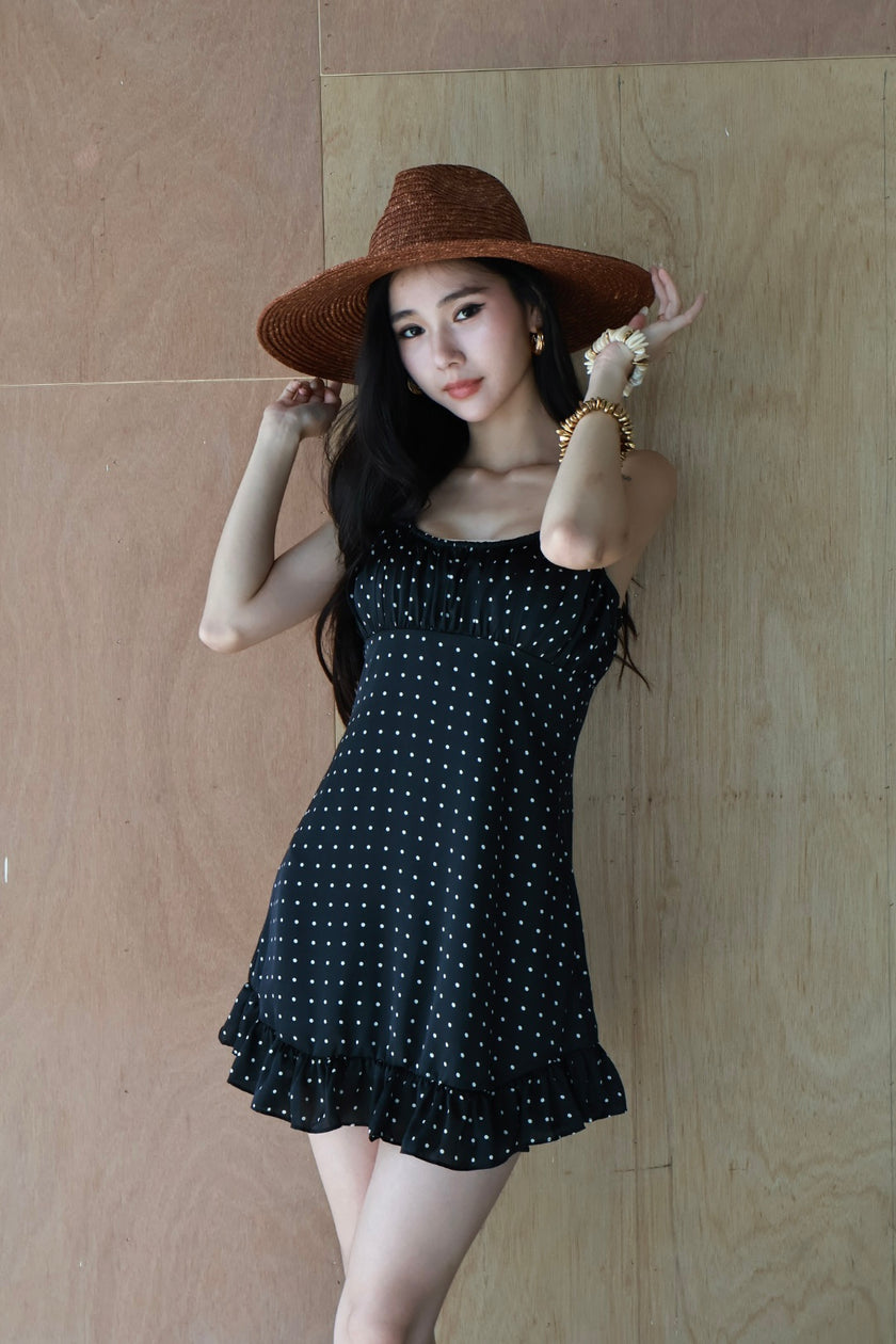 復古波點細肩帶洋裝-黑