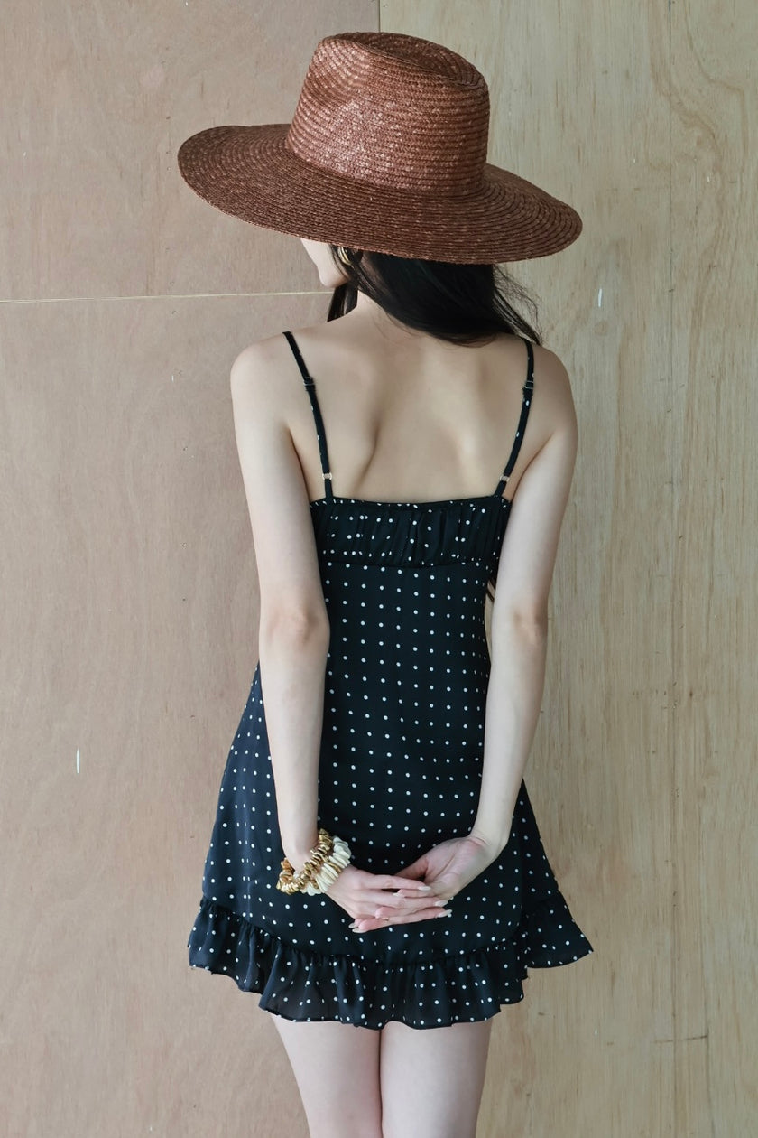 復古波點細肩帶洋裝-黑