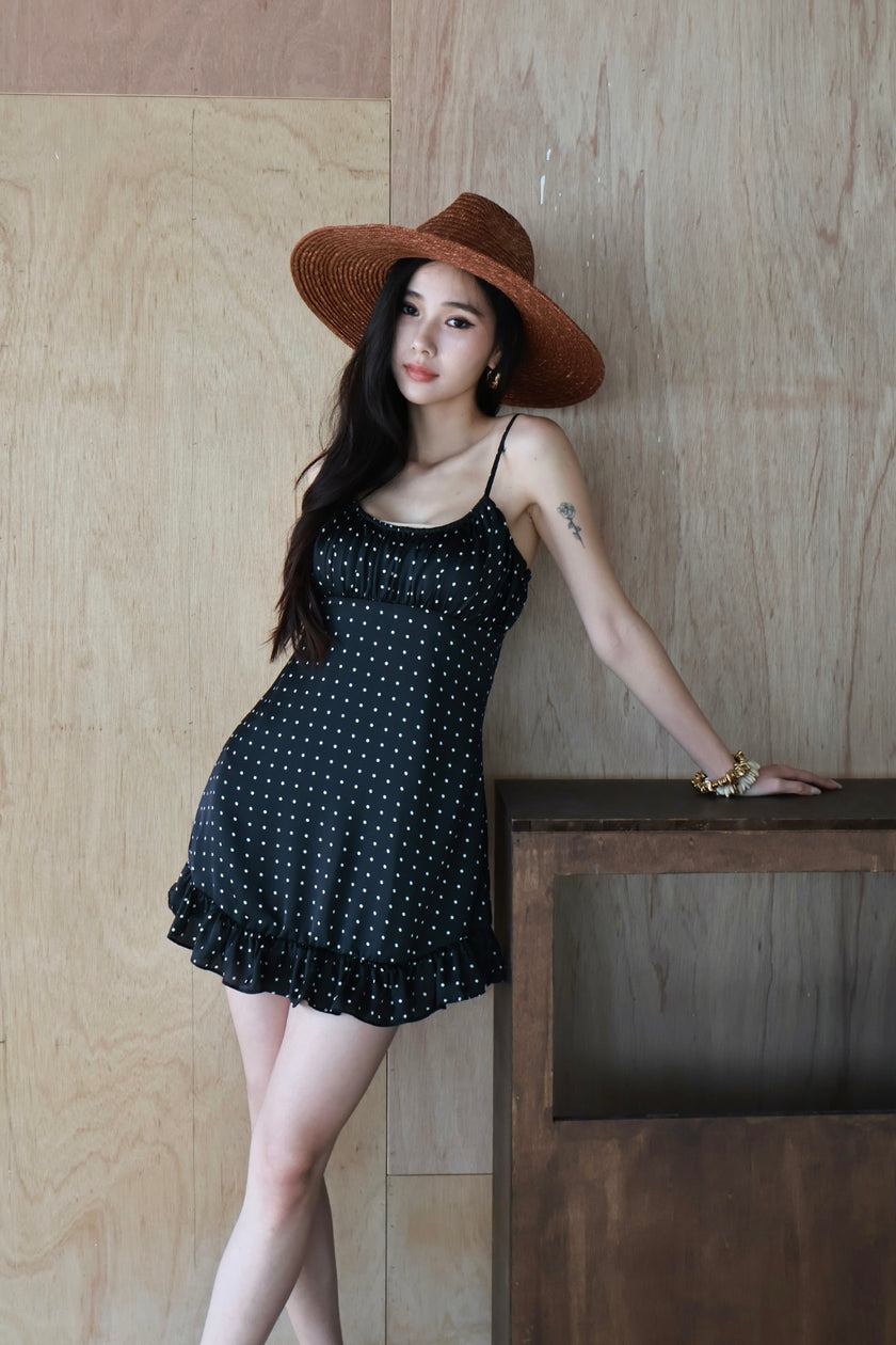 復古波點細肩帶洋裝-黑