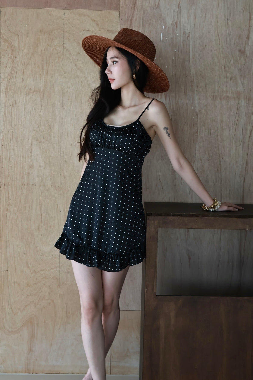 復古波點細肩帶洋裝-黑