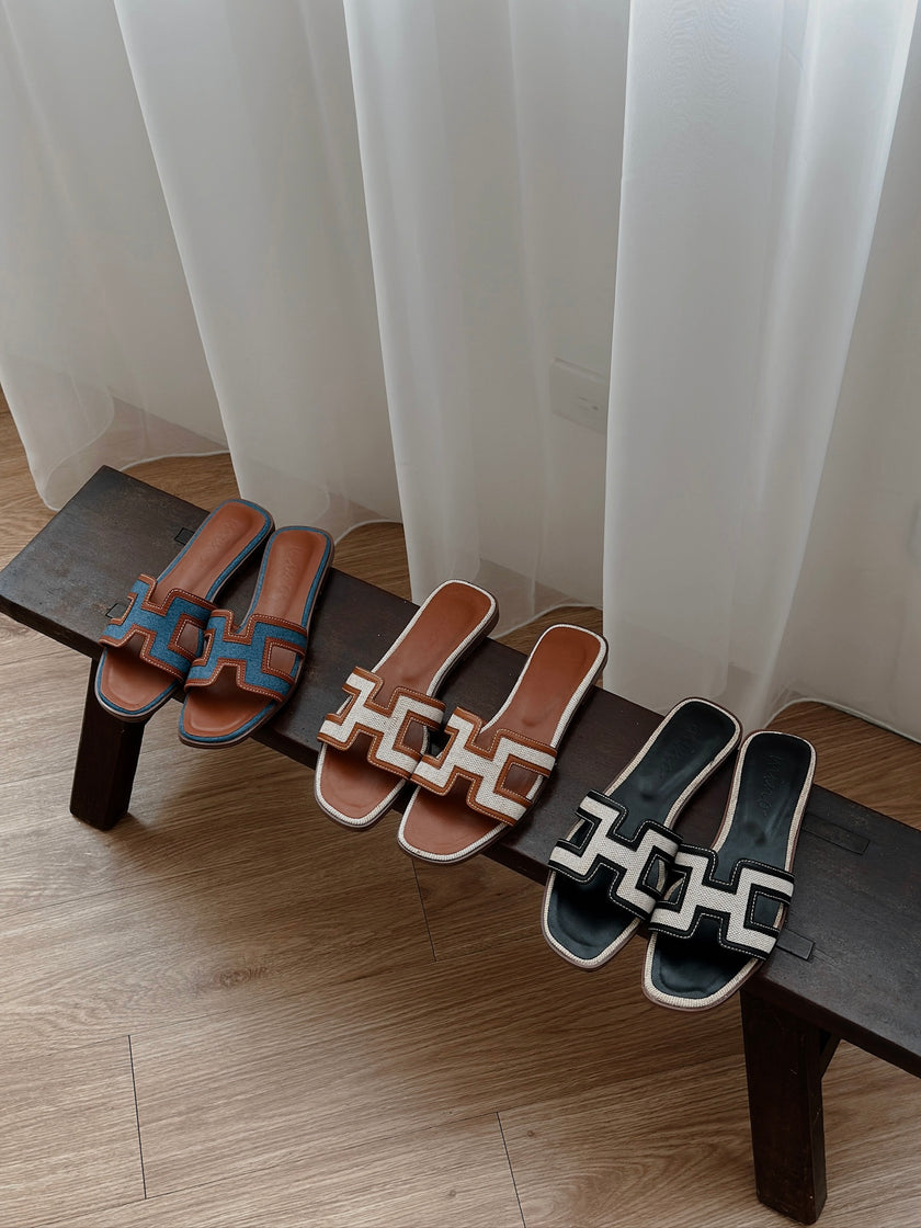 H帆布拼接涼拖鞋