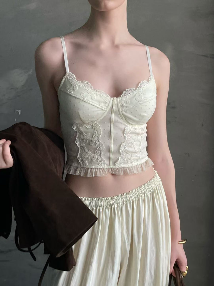 午夜波點蕾絲馬甲-白