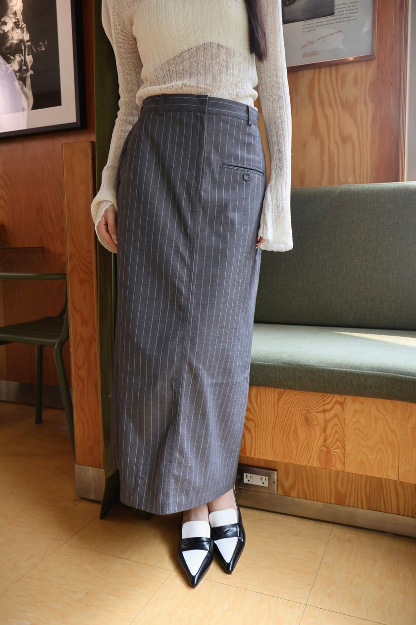 都會條紋西裝開衩半裙-灰