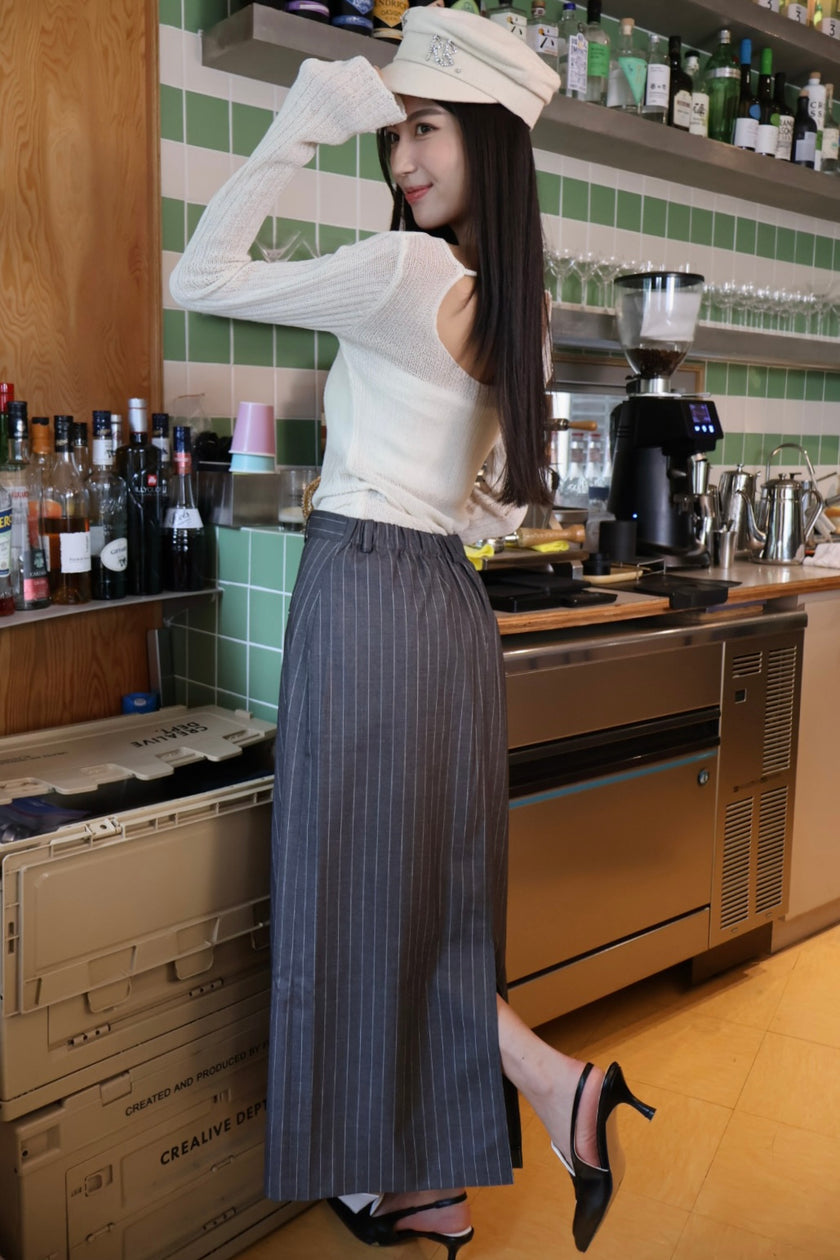 都會條紋西裝開衩半裙-灰