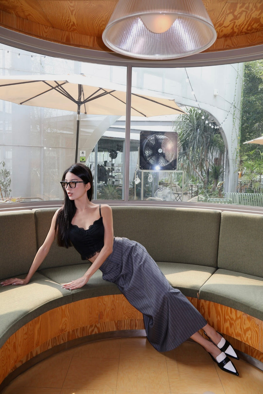 都會條紋西裝開衩半裙-灰