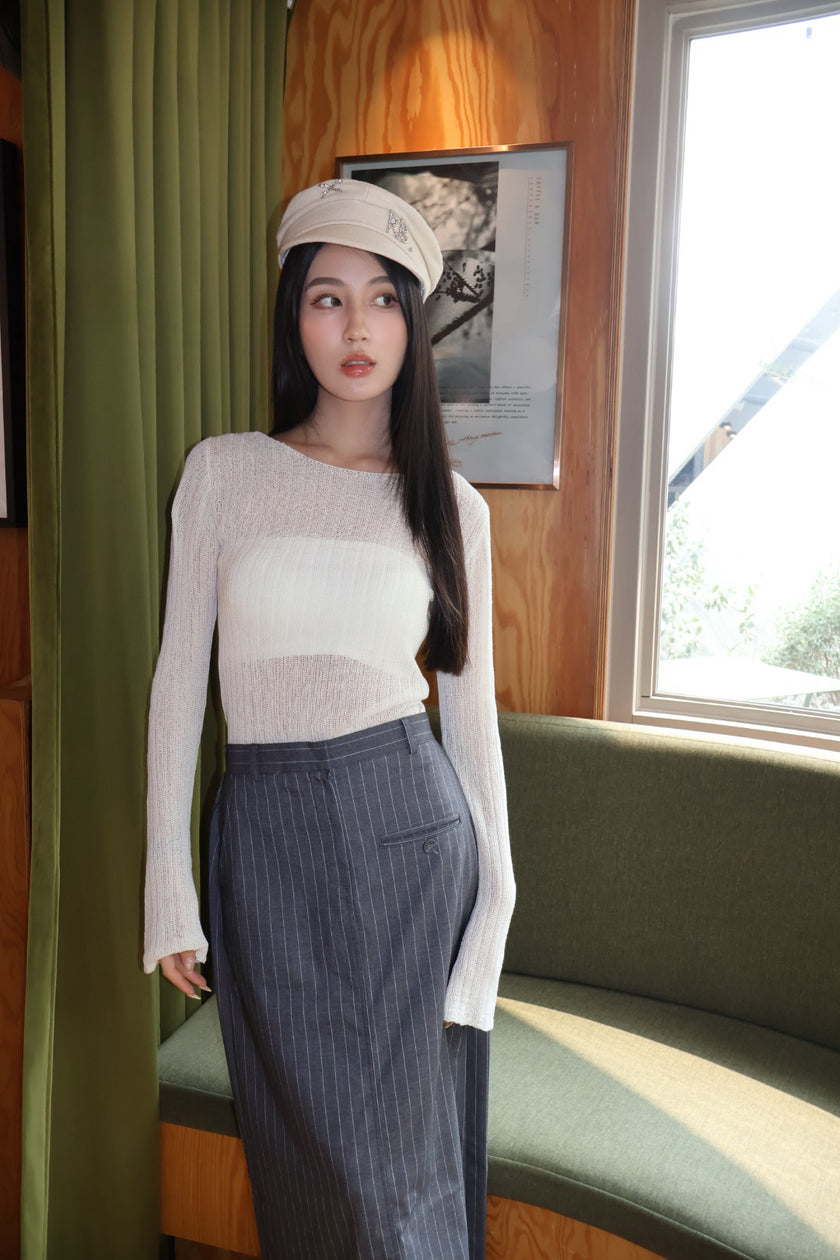 都會條紋西裝開衩半裙-灰