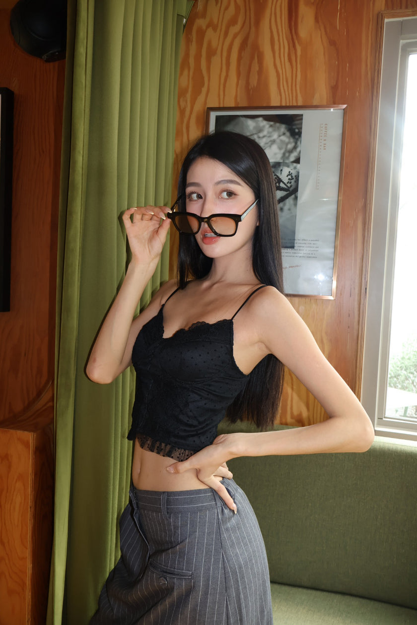 午夜波點蕾絲馬甲-黑