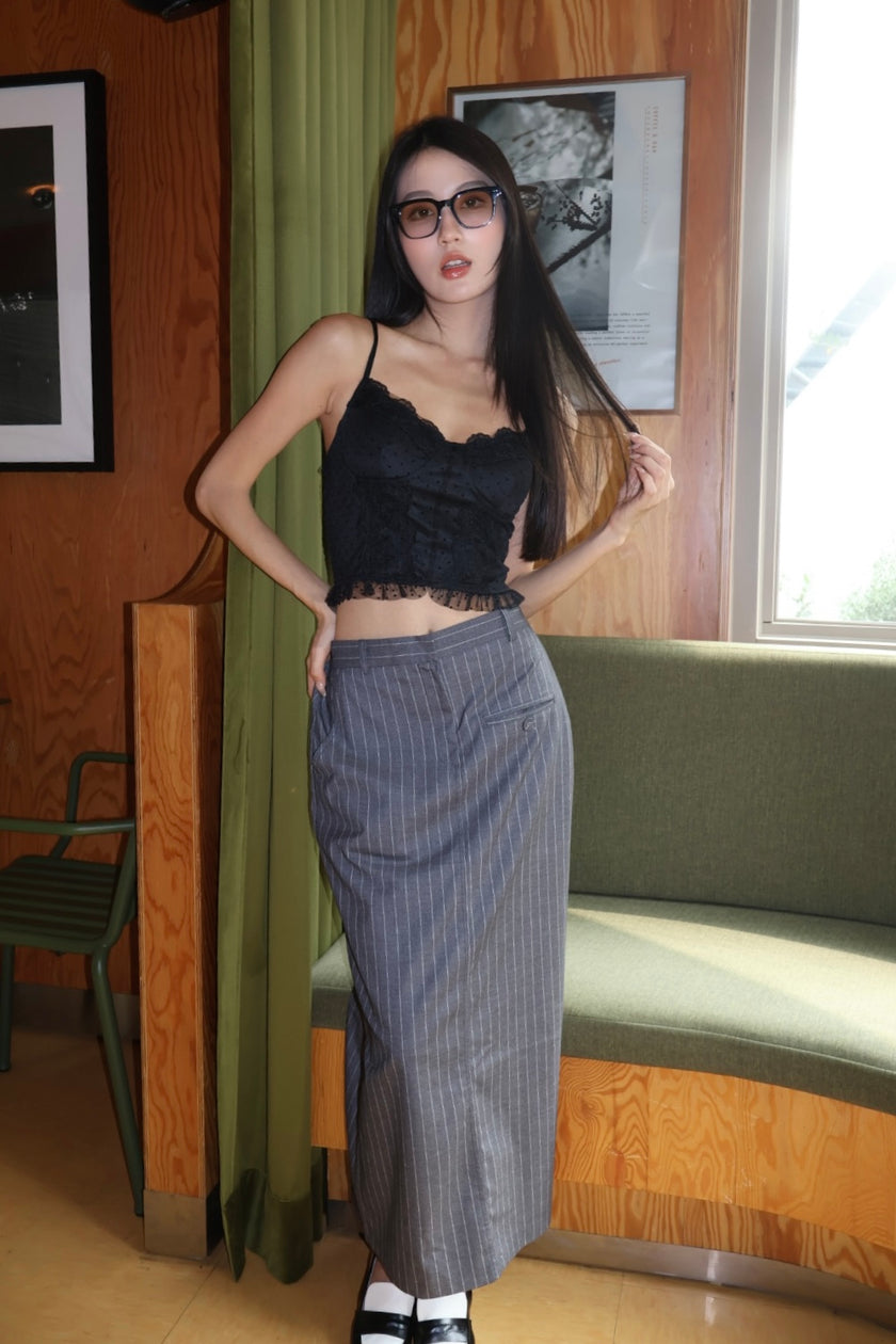 都會條紋西裝開衩半裙-灰