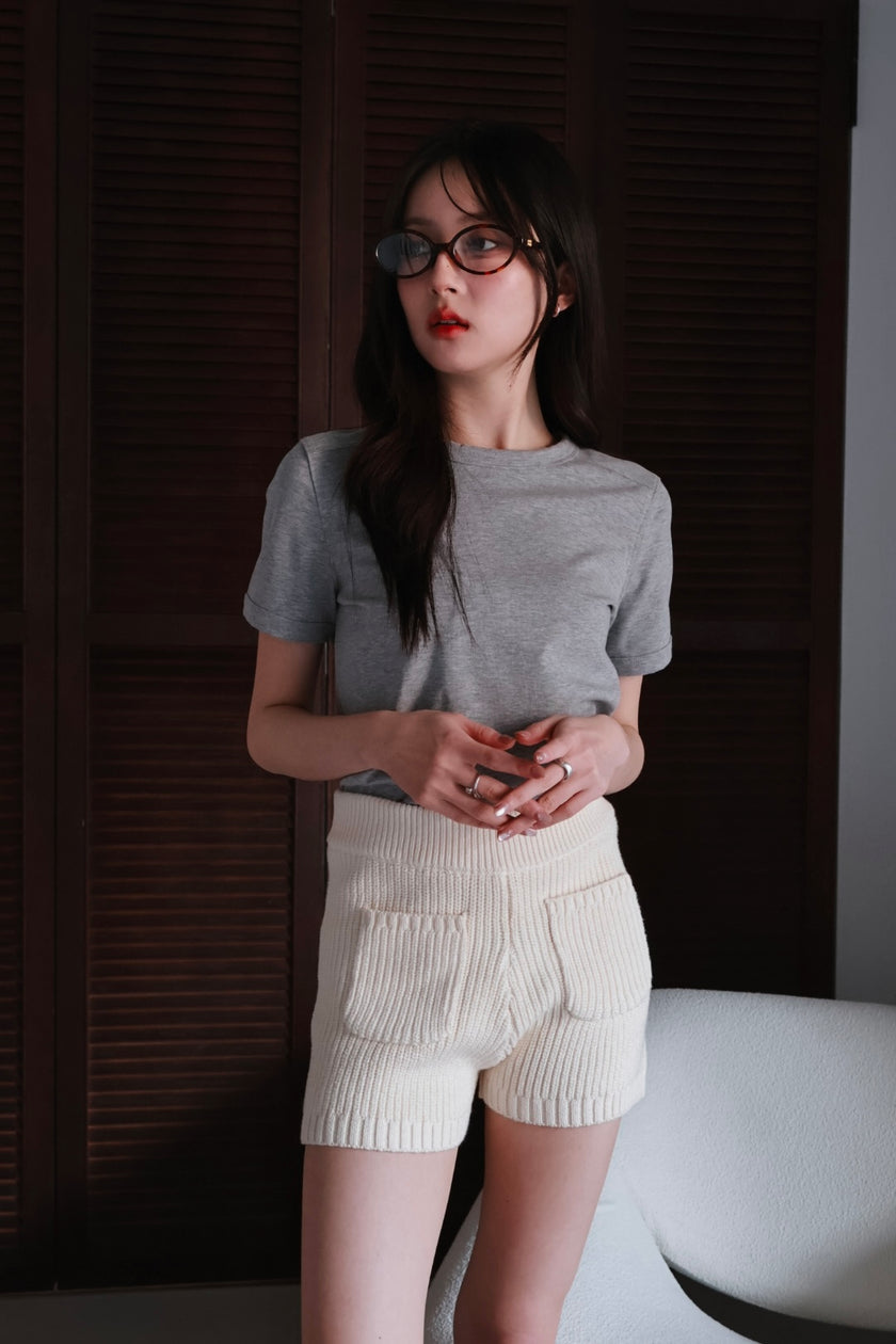 粗針織雙口袋短褲-米杏