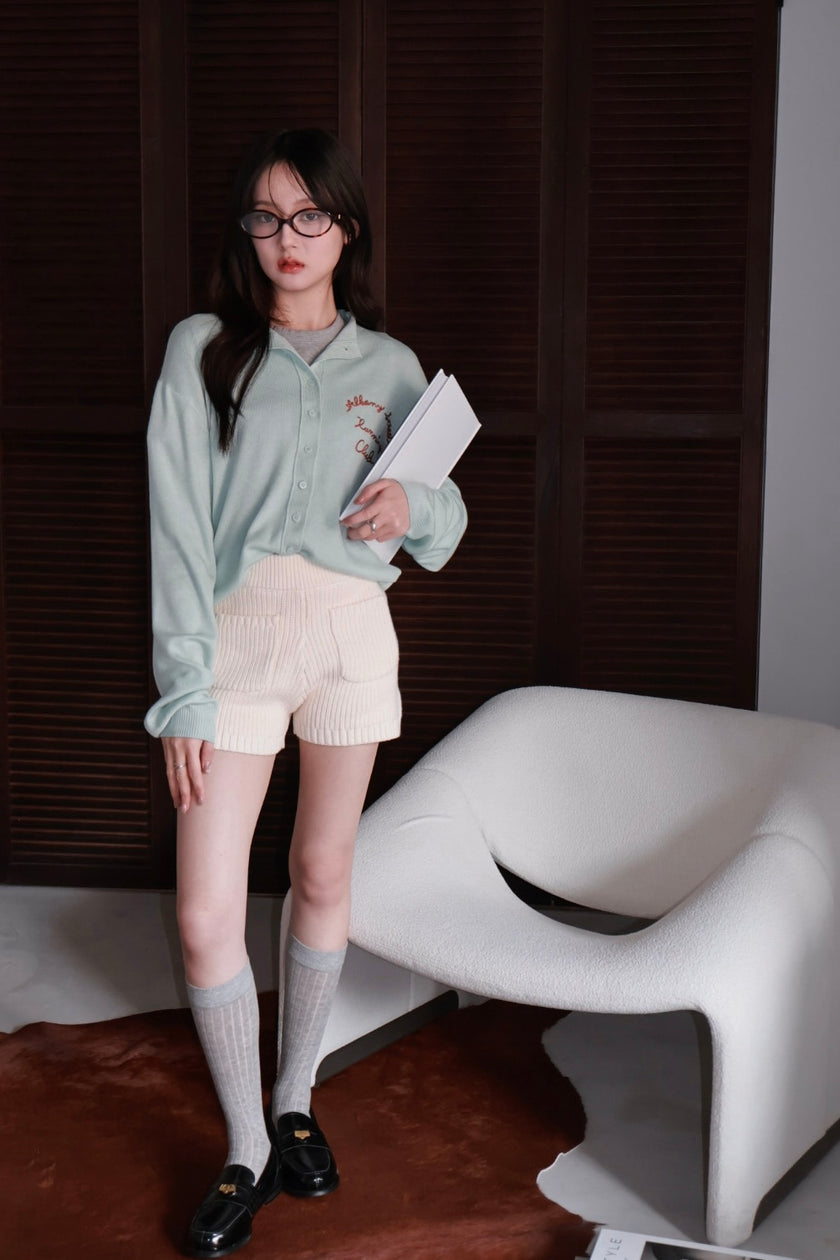 粗針織雙口袋短褲-米杏