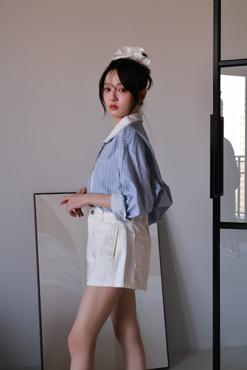 復古刷色牛仔短褲-白