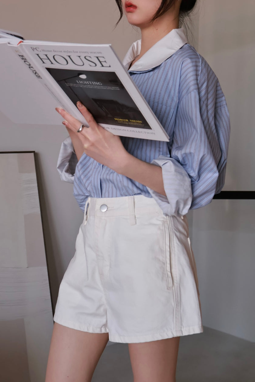 復古刷色牛仔短褲-藍