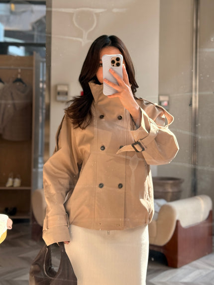 立領雙排釦風衣外套-奶茶