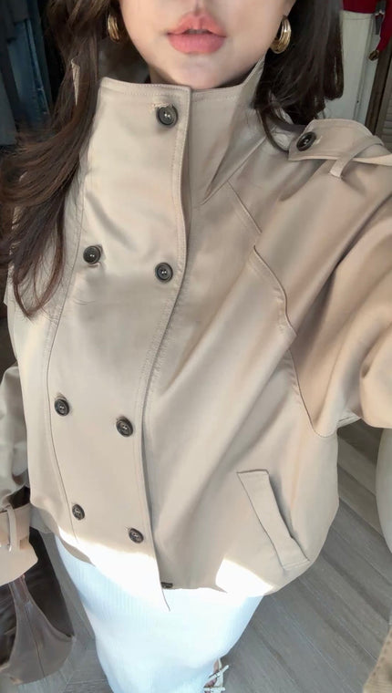 立領雙排釦風衣外套-奶茶