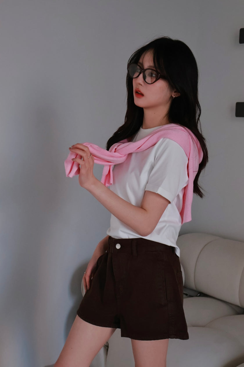 復古刷色牛仔短褲-白