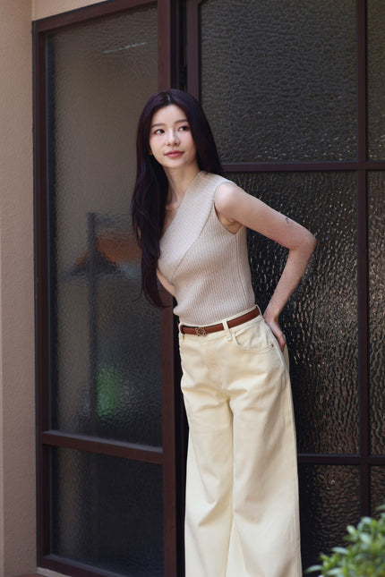 假期單肩針織背心-杏灰