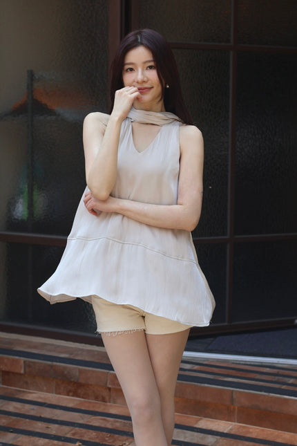 絲光飄帶傘擺背心-淺灰