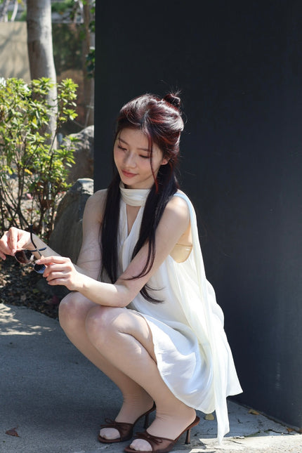 絲光飄帶傘擺背心-白