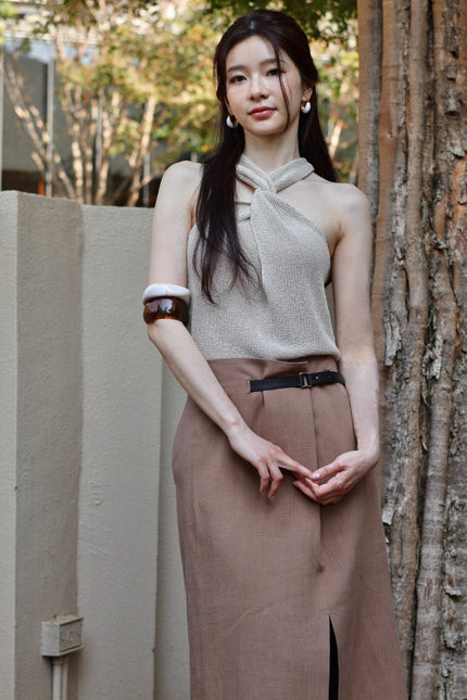 假期紐結針織上衣-杏灰