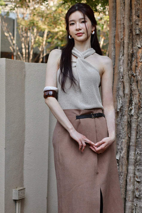 假期紐結針織上衣-杏灰