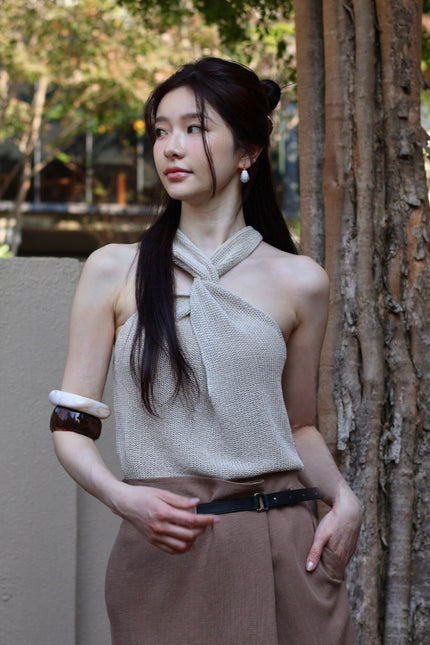 假期紐結針織上衣-杏灰