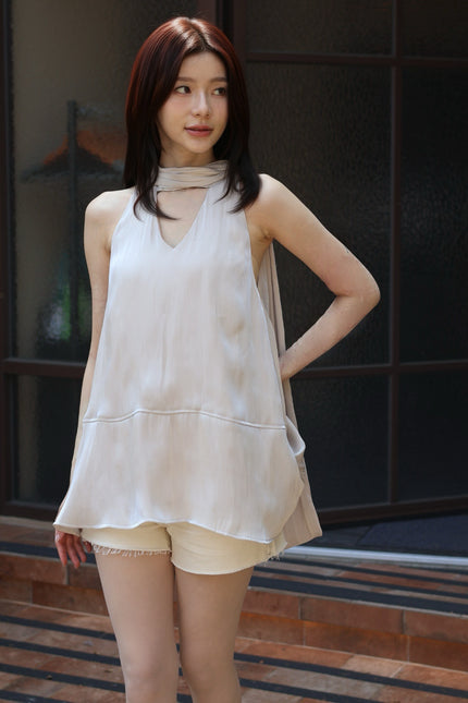 絲光飄帶傘擺背心-淺灰