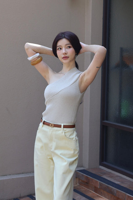 假期單肩針織背心-杏灰