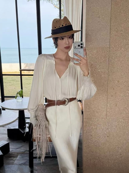 晨光天絲綁帶襯衫-米白