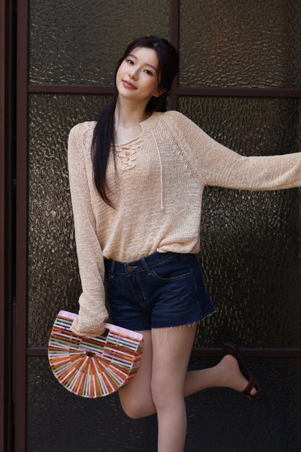 抽鬚設計牛仔短褲-深藍