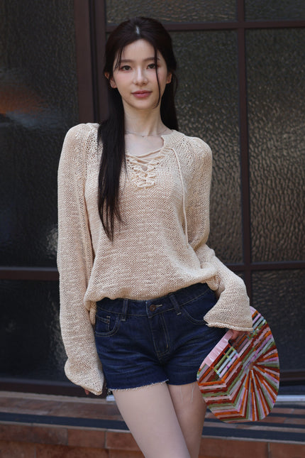 午後綁帶簍空針織衫-杏