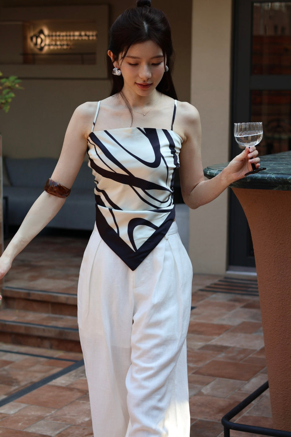 義式假期絲巾小吊帶-黑白