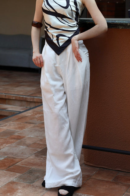 午後老錢亞麻長褲-白