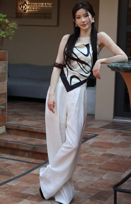 午後老錢亞麻長褲-白