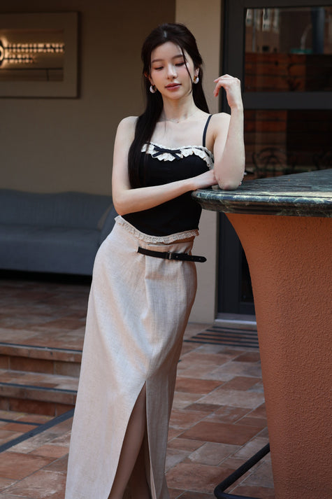 漫步皮帶抓褶開衩半裙-米杏