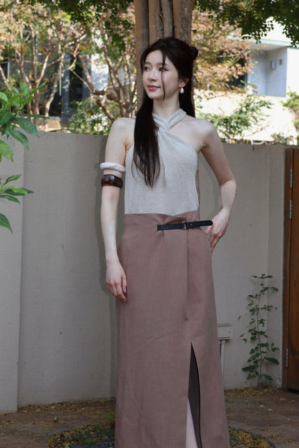 漫步皮帶抓褶開衩半裙-灰粉