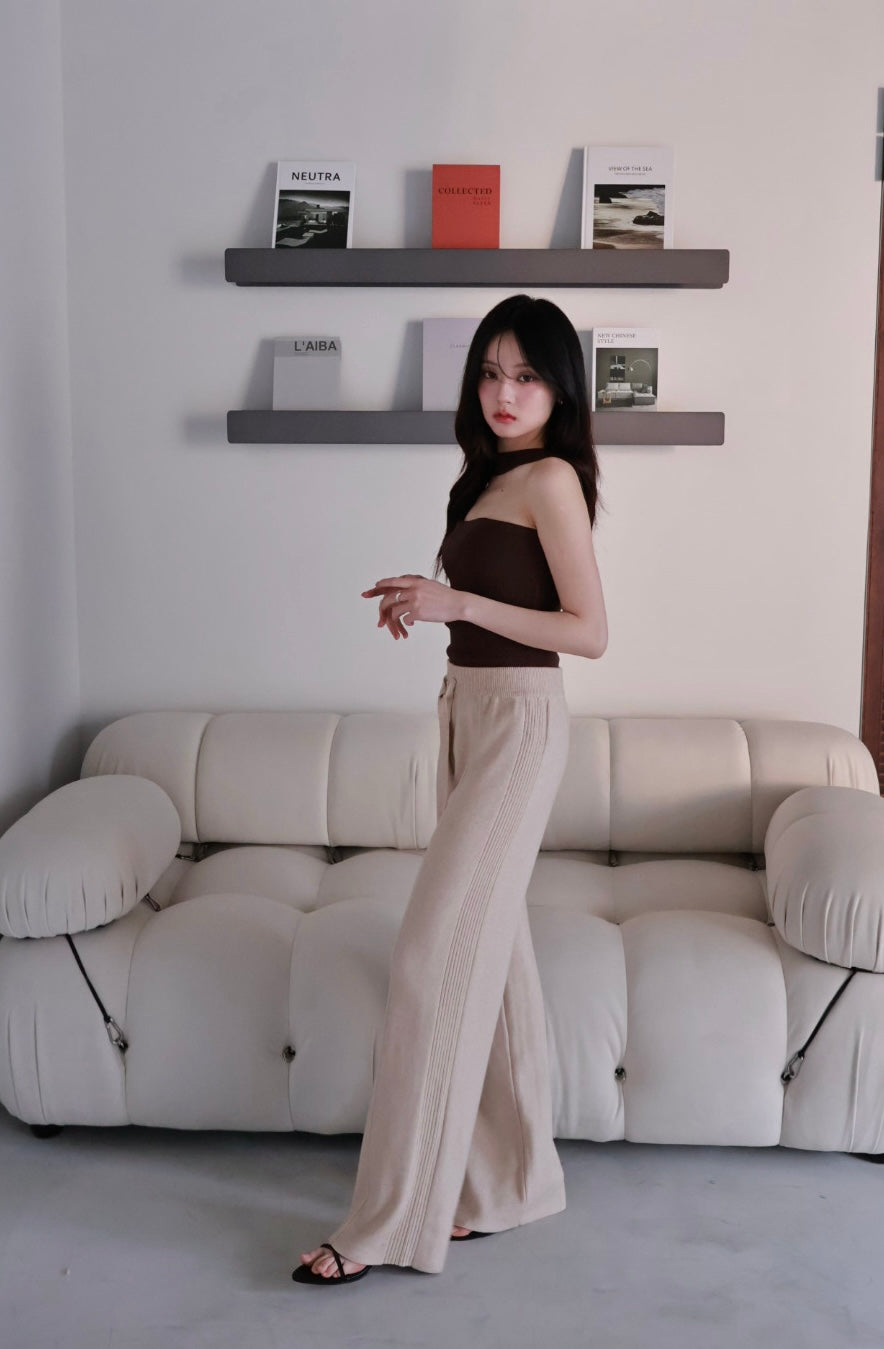 Knitted Embossed Casual Pants-Milk Tea