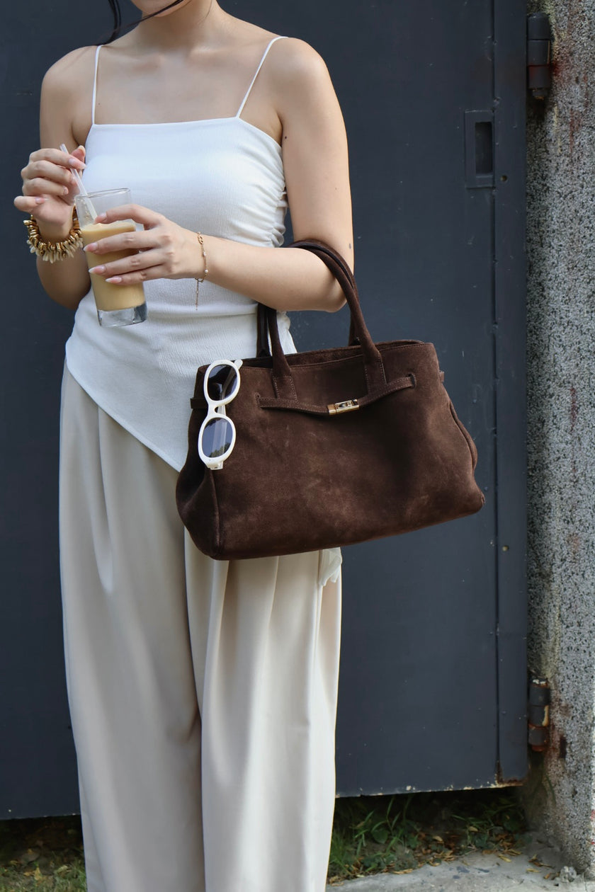 斜影側抓皺細肩上衣-白