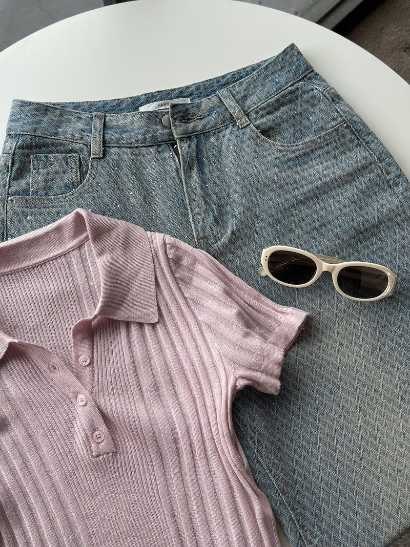 人魚菱格滿鑽牛仔寬褲-淺藍