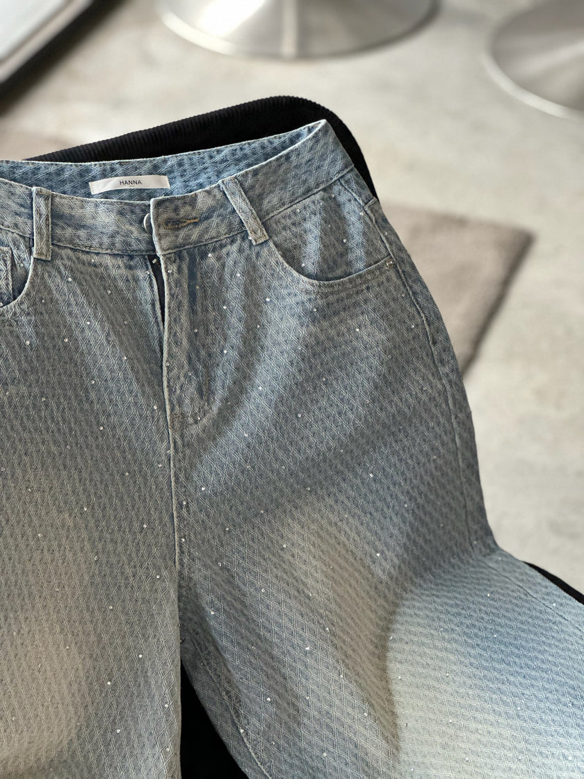 人魚菱格滿鑽牛仔寬褲-淺藍