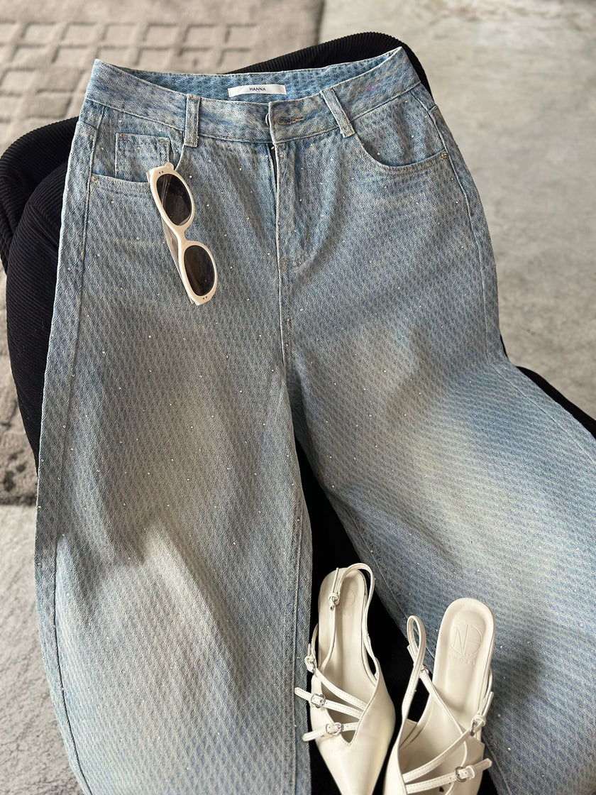 人魚菱格滿鑽牛仔寬褲-淺藍