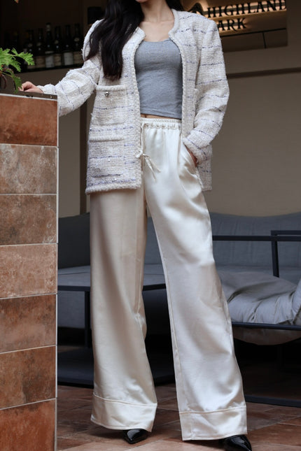 微光緞面休閒寬褲-杏